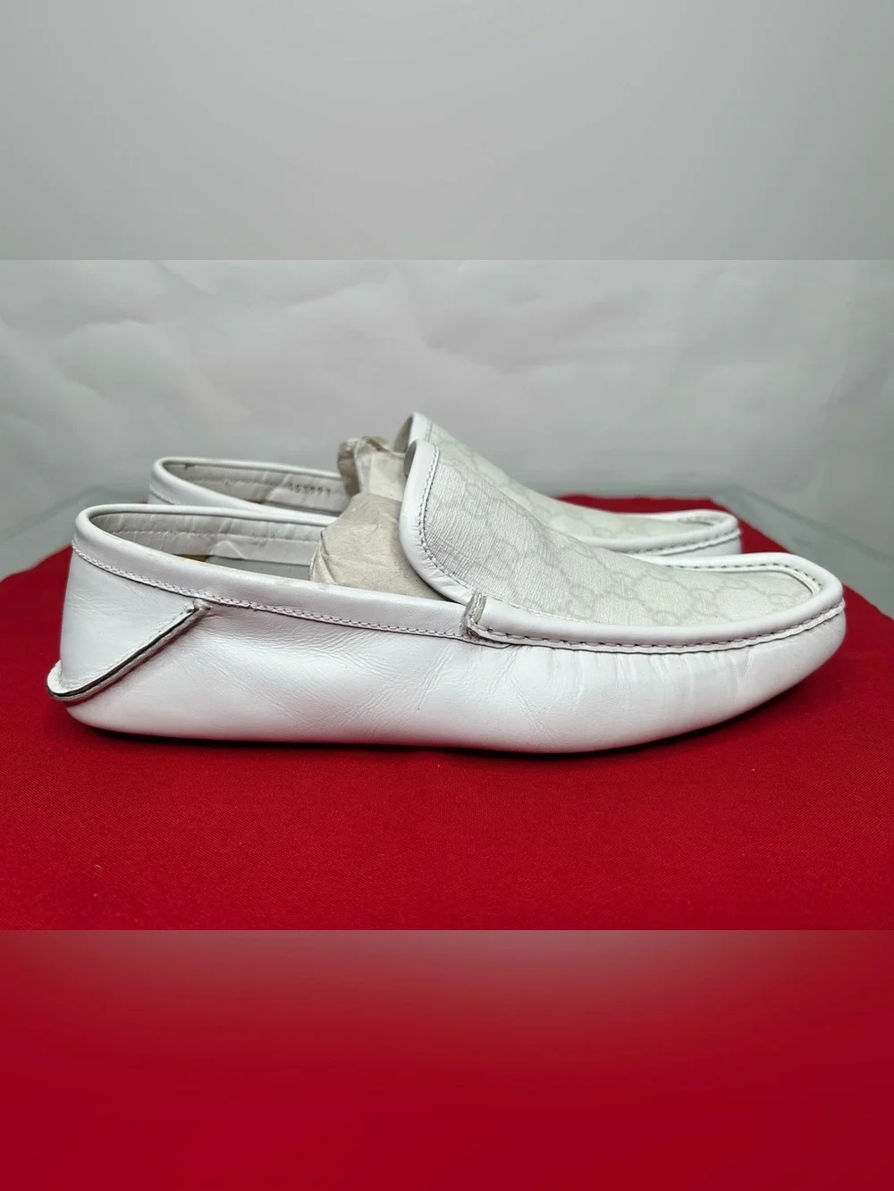 Gucci Loafers Drivers Leather White GG Monogram Slip On Loafers